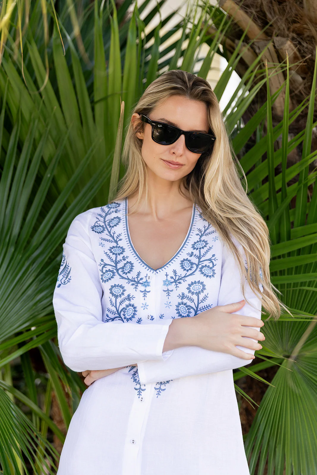 Chloe Caftan - Blanc with Chambray - Image 8